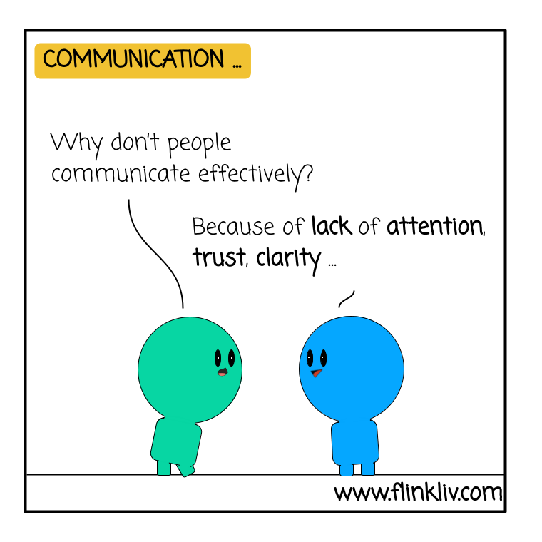 Conversation between A and B about barriers to communication. A: Why don’t people communicate effectively? B: Because of lack of attention, trust, and clarity By flinkliv.com